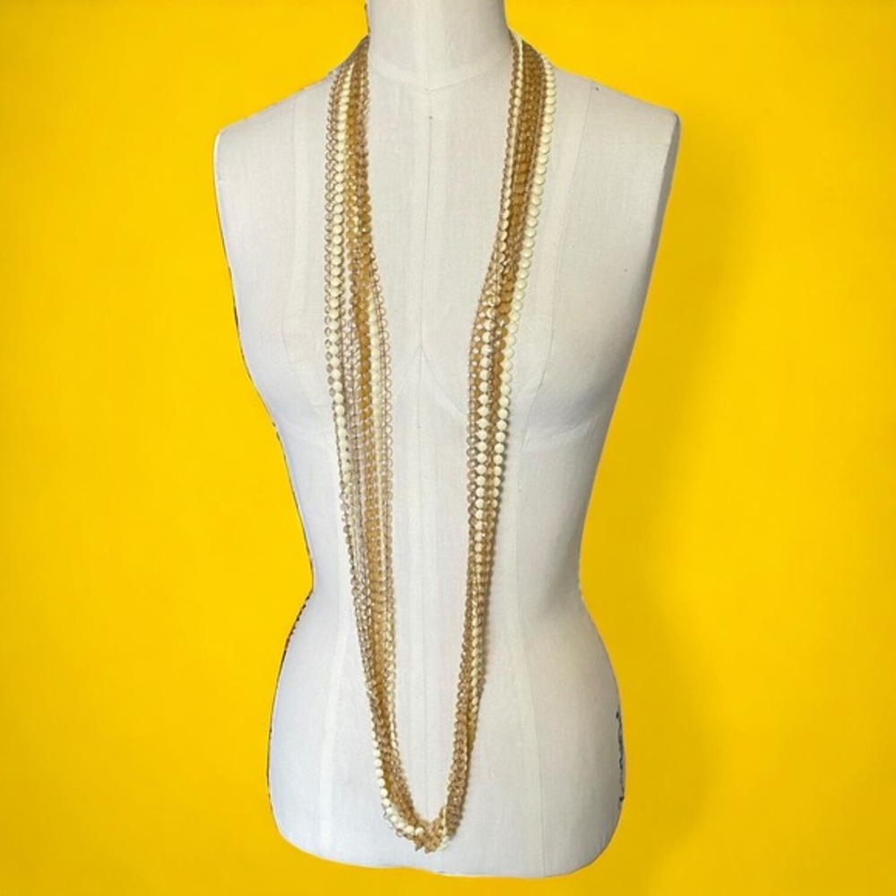 Vintage Multi Strand Ivory Brown Tan Faceted Bead Necklace Statement Cascading - Picture 2 of 5
